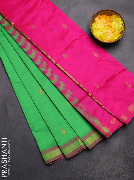 Semi silk cotton saree parrot green and pink and zari woven buttas and zari woven border