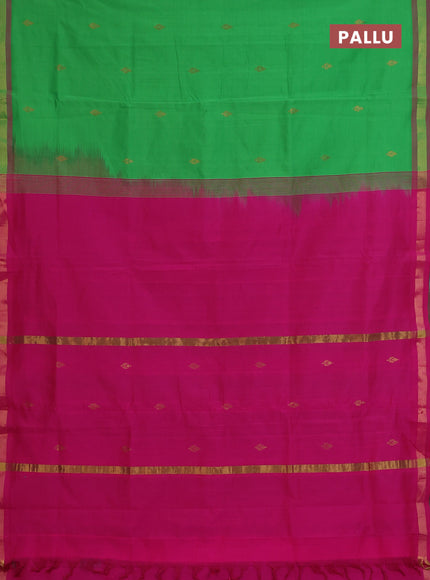 Semi silk cotton saree parrot green and pink and zari woven buttas and zari woven border