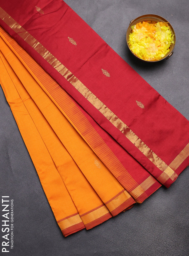 Semi silk cotton saree orange and maroon and zari woven buttas and zari woven border