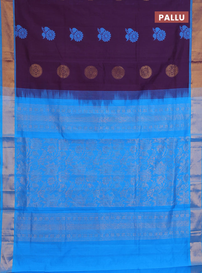 Semi silk cotton saree purple and cs blue and zari woven buttas and zari woven border