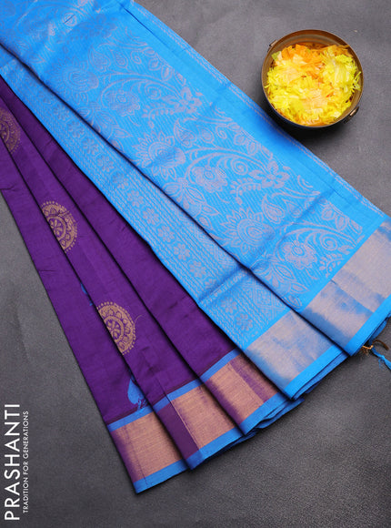 Semi silk cotton saree deep violet and cs blue and zari woven buttas and zari woven border