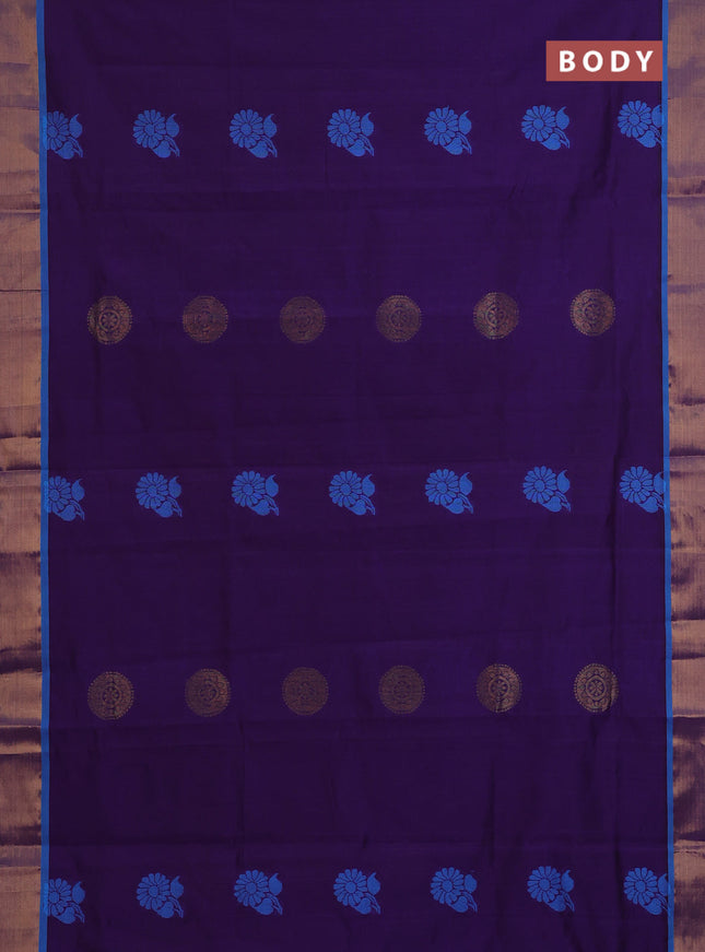 Semi silk cotton saree deep violet and cs blue and zari woven buttas and zari woven border