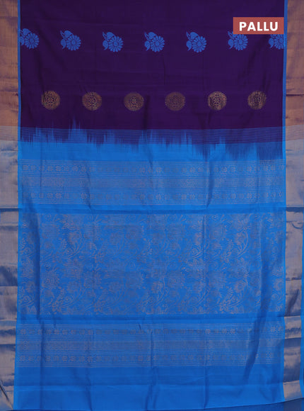 Semi silk cotton saree deep violet and cs blue and zari woven buttas and zari woven border