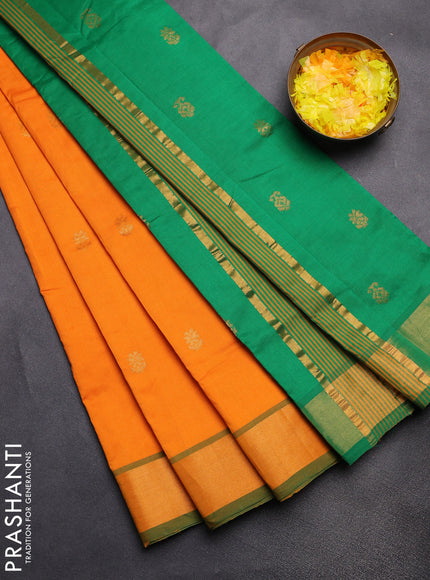 Semi silk cotton saree mango yellow and green with zari woven buttas and zari woven border