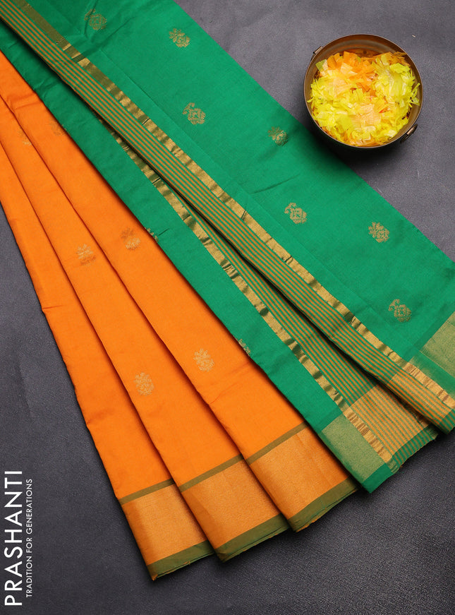 Semi silk cotton saree mango yellow and green with zari woven buttas and zari woven border