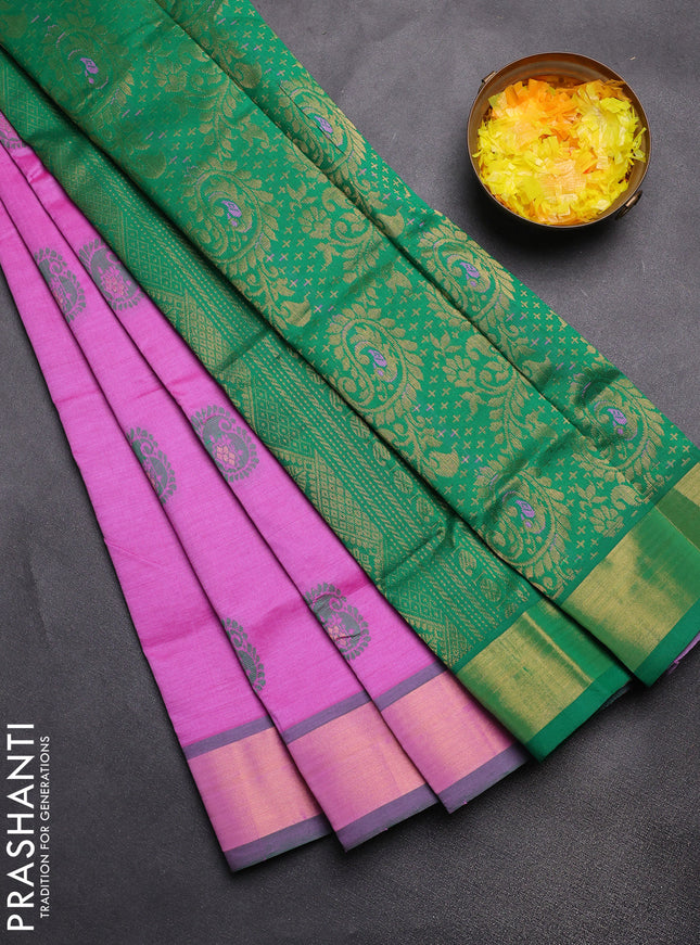 Semi silk cotton saree lavender and green with thread & zari woven paisley buttas and zari woven border