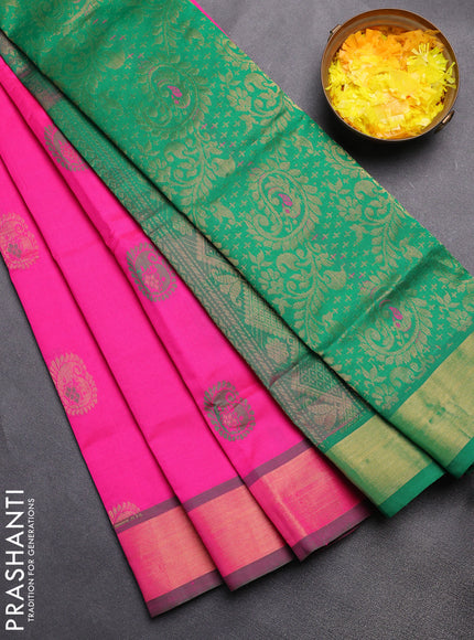 Semi silk cotton saree pink and green with thread & zari woven paisley buttas and zari woven border