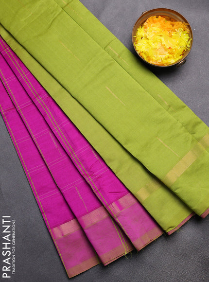 Semi silk cotton saree purple and light green with allover checks & zari buttas and zari woven simple border