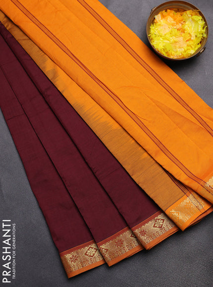 Semi silk cotton saree maroon and mango yellow with zari woven buttas and zari woven border