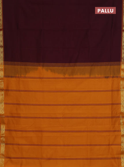 Semi silk cotton saree maroon and mango yellow with zari woven buttas and zari woven border