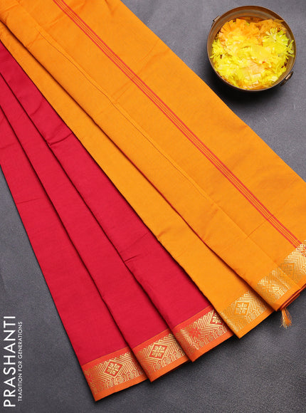 Semi silk cotton saree red and mango yellow with plain body and zari woven border