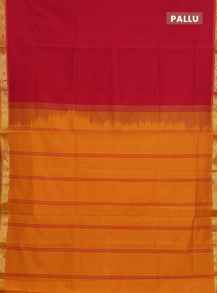 Semi silk cotton saree red and mango yellow with plain body and zari woven border