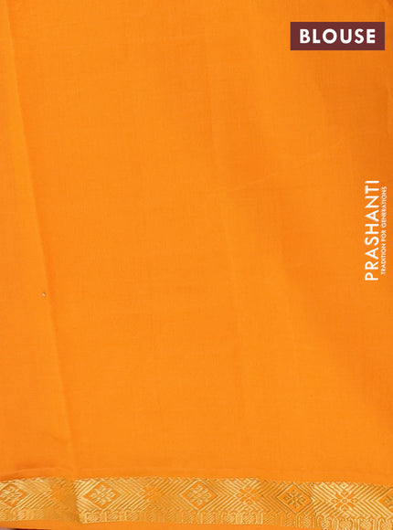 Semi silk cotton saree red and mango yellow with plain body and zari woven border