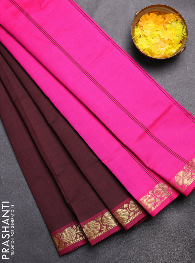 Semi silk cotton saree deep maroon and pink with plain body and rudhraksha zari woven border