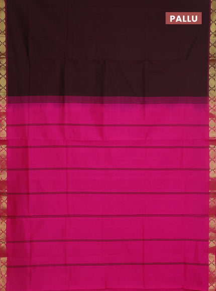 Semi silk cotton saree deep maroon and pink with plain body and rudhraksha zari woven border