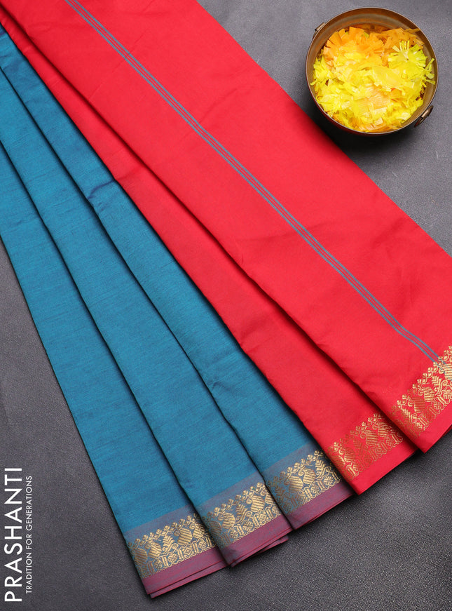 Semi silk cotton saree dual shade of peacock blue and red with plain body and zari woven border