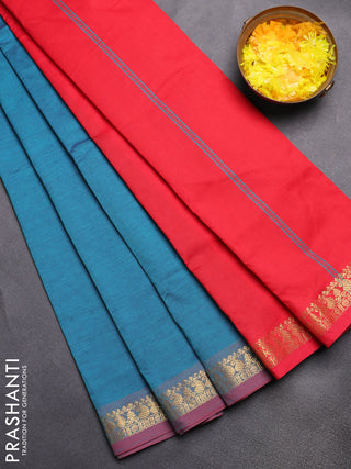 Semi silk cotton saree dual shade of peacock blue and red with plain body and zari woven border
