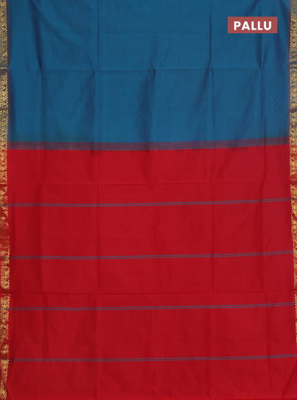 Semi silk cotton saree dual shade of peacock blue and red with plain body and zari woven border