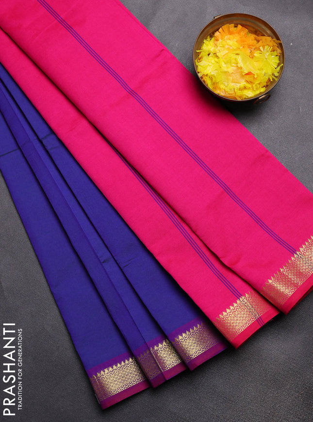 Semi silk cotton saree dual shade of bluish green and pink with plain body and zari woven border