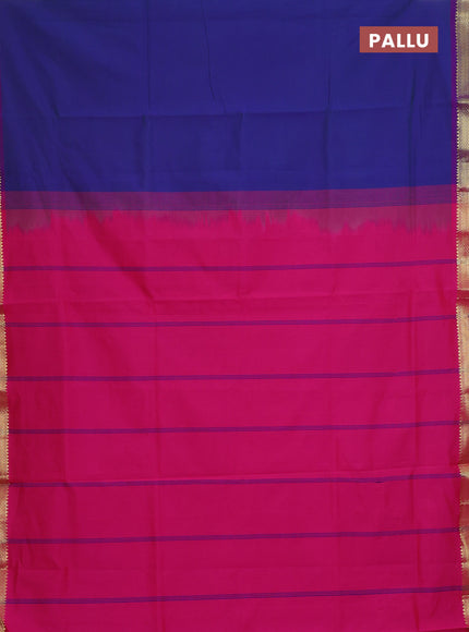 Semi silk cotton saree dual shade of bluish green and pink with plain body and zari woven border