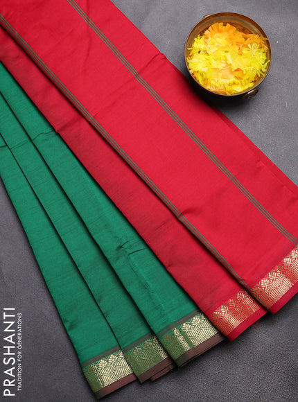 Semi silk cotton saree green and maroon with plain body and zari woven border