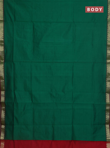 Semi silk cotton saree green and maroon with plain body and zari woven border