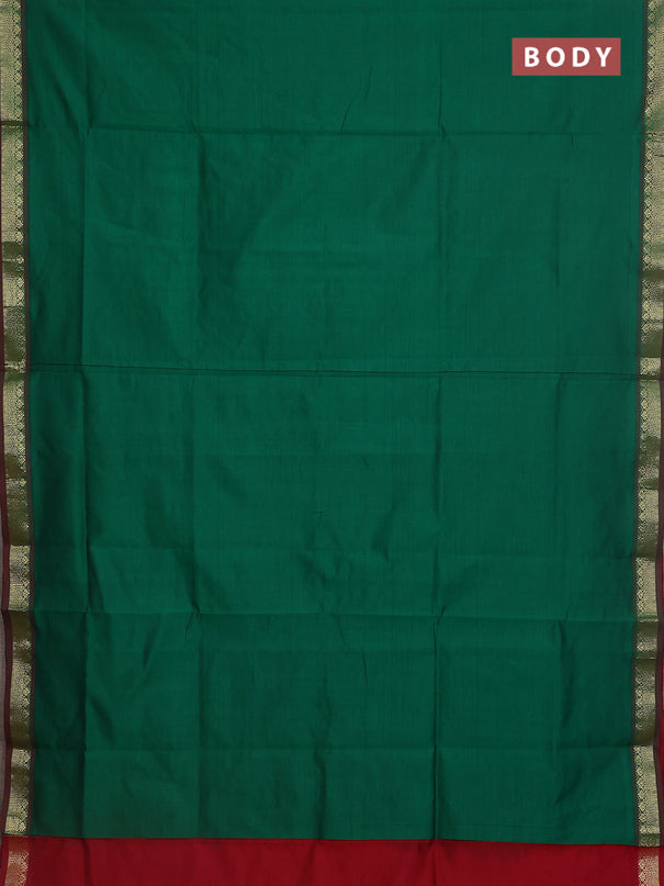 Semi silk cotton saree green and maroon with plain body and zari woven border