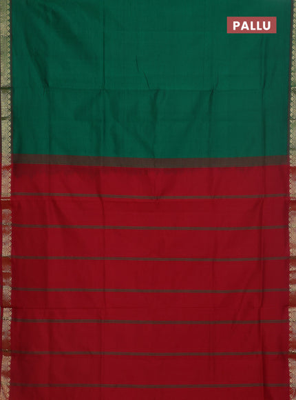 Semi silk cotton saree green and maroon with plain body and zari woven border