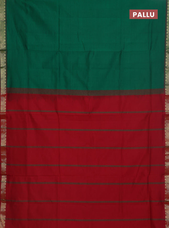 Semi silk cotton saree green and maroon with plain body and zari woven border