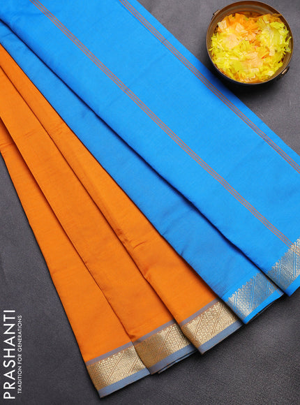 Semi silk cotton saree mango yellow and cs blue with plain body and zari woven border