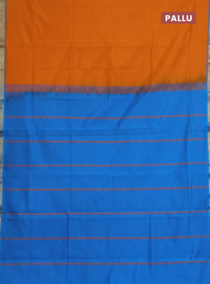 Semi silk cotton saree mango yellow and cs blue with plain body and zari woven border