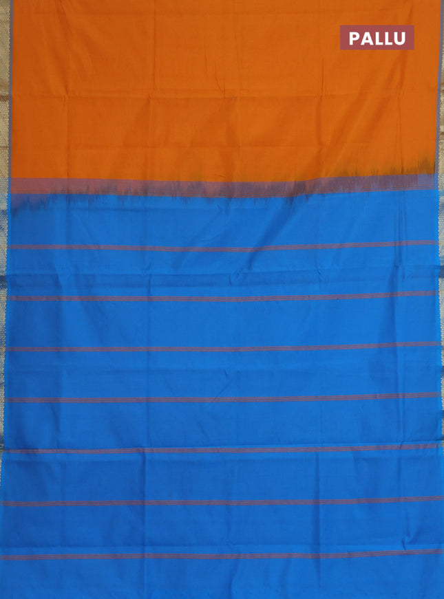 Semi silk cotton saree mango yellow and cs blue with plain body and zari woven border