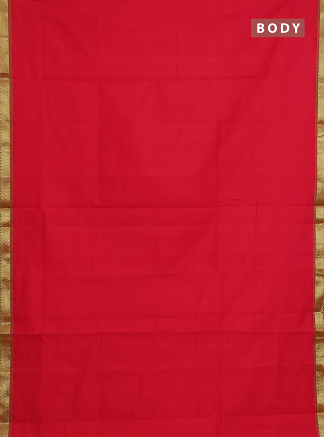 Semi silk cotton saree red and light green with plain body and zari woven border