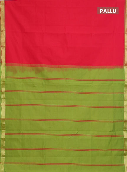 Semi silk cotton saree red and light green with plain body and zari woven border