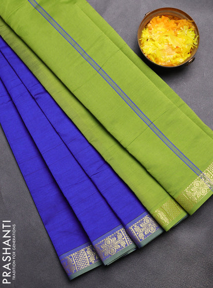 Semi silk cotton saree blue and light green with plain body and zari woven border