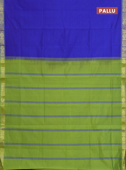 Semi silk cotton saree blue and light green with plain body and zari woven border