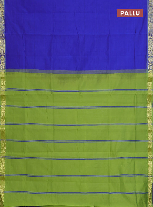 Semi silk cotton saree blue and light green with plain body and zari woven border