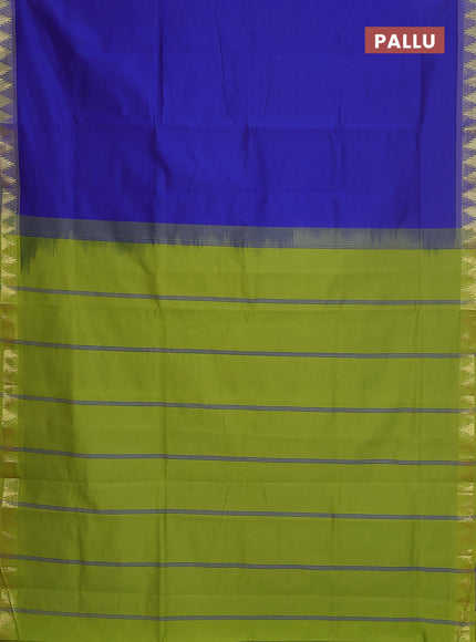 Semi silk cotton saree blue and light green with plain body and zari woven border