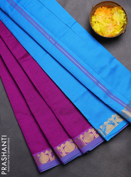 Semi silk cotton saree purple and cs blue with plain body and zari woven border