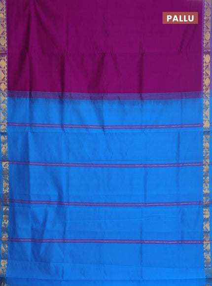 Semi silk cotton saree purple and cs blue with plain body and zari woven border