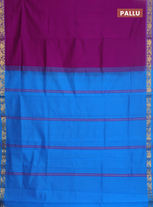 Semi silk cotton saree purple and cs blue with plain body and zari woven border