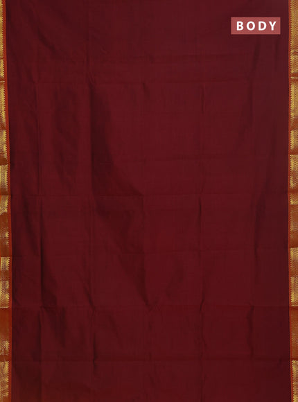 Semi silk cotton saree maroon and mango yellow with plain body and zari woven border