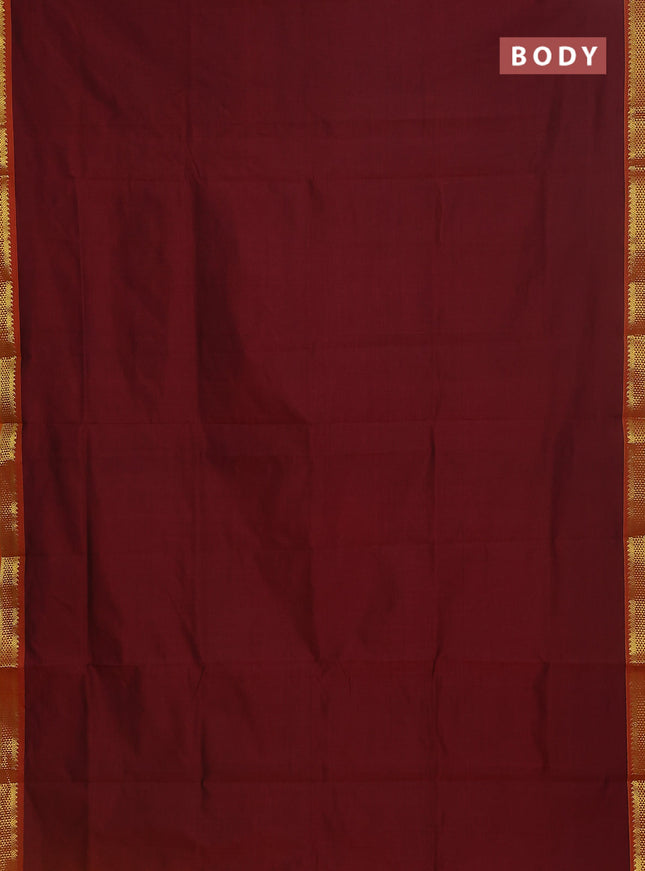 Semi silk cotton saree maroon and mango yellow with plain body and zari woven border