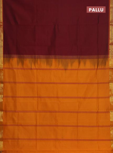 Semi silk cotton saree maroon and mango yellow with plain body and zari woven border