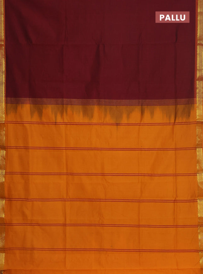 Semi silk cotton saree maroon and mango yellow with plain body and zari woven border