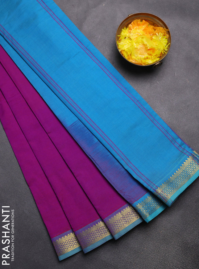 Semi silk cotton saree purple and cs blue with plain body and zari woven border