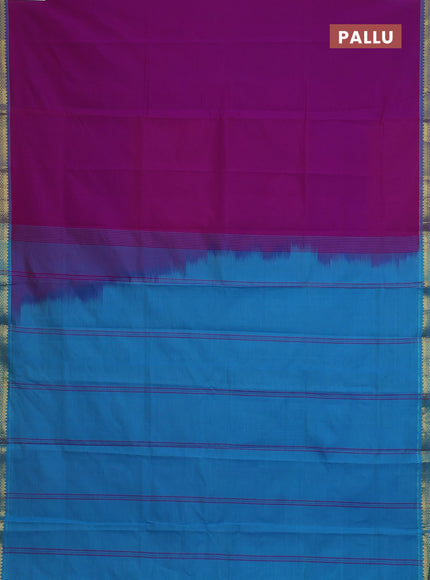 Semi silk cotton saree purple and cs blue with plain body and zari woven border