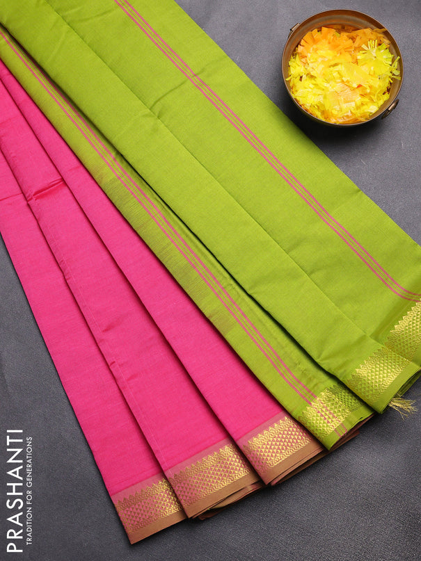 Semi silk cotton saree pink and light green with plain body and zari woven border