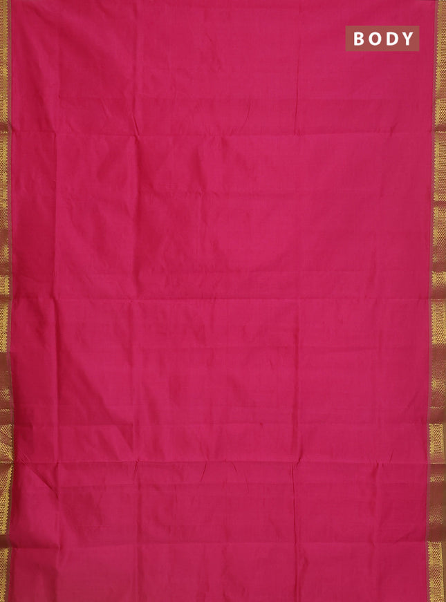 Semi silk cotton saree pink and light green with plain body and zari woven border