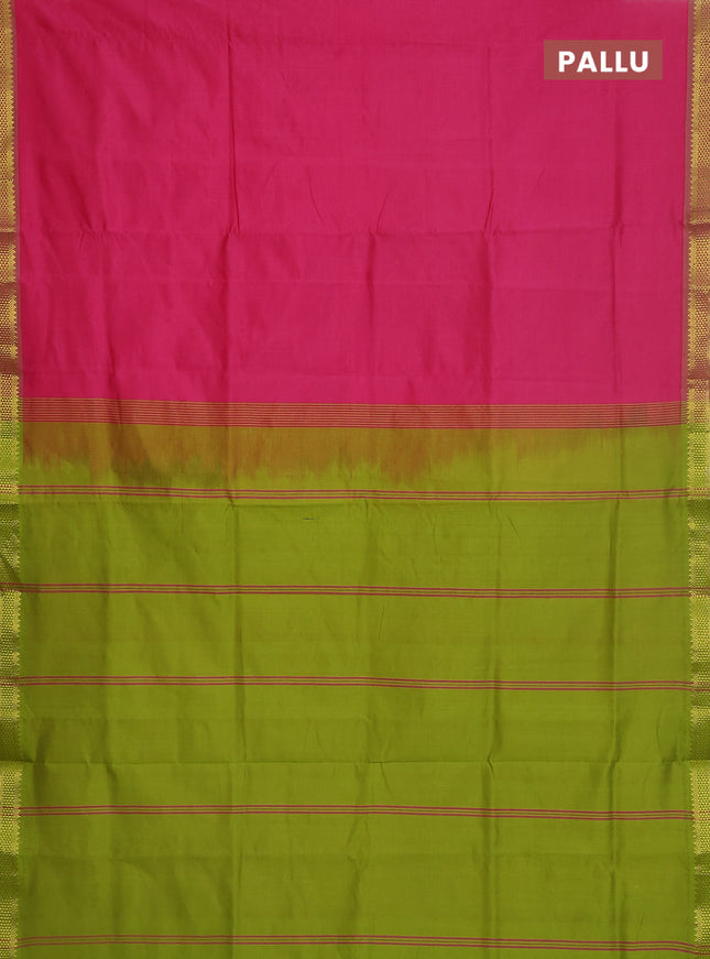 Semi silk cotton saree pink and light green with plain body and zari woven border